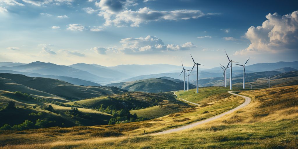 Wind turbines set against rolling hillsides