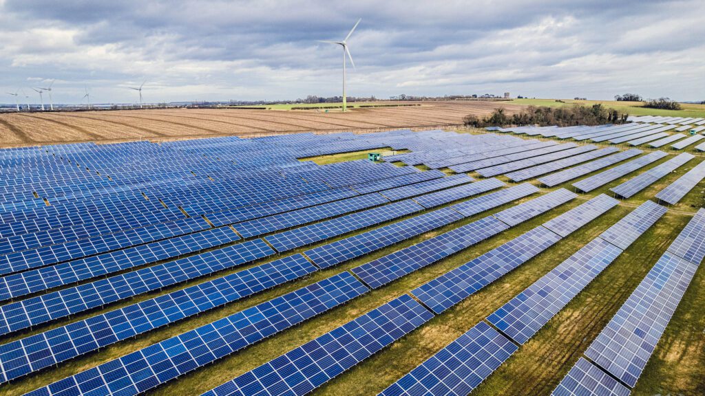 Solar PV Farm set in UK agricultural landscape